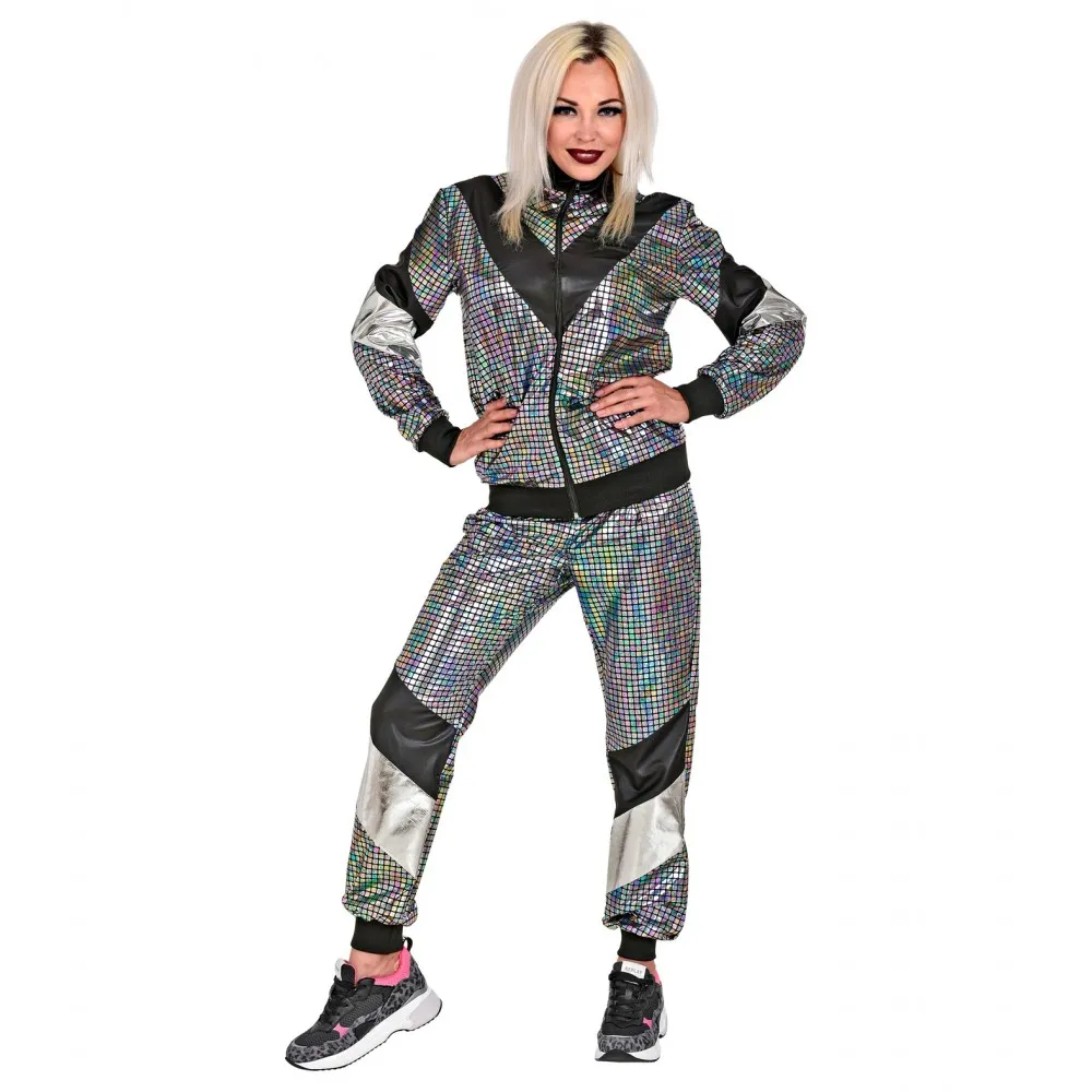 Costume Tuta Anni 80 Argento Riflettente Unisex per Feste a TemaTaglia XL, Adulto